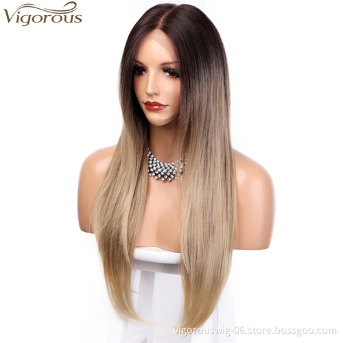 Vigorous Ombre Lace Front Wigs for Women Long Natural Straight Black to Blonde Synthetic Wig with Middle Part Ladies Wigs